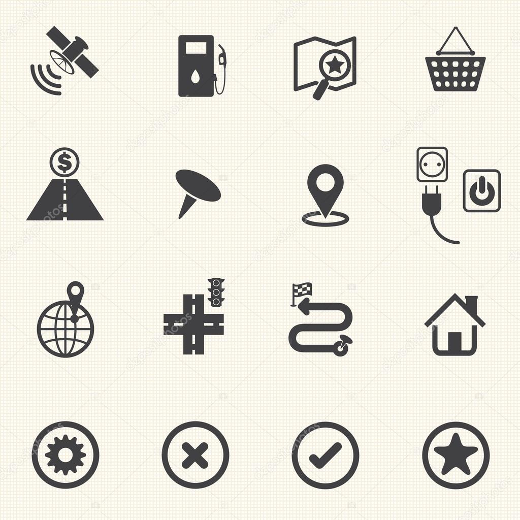 Map and Navigation icons with texture background. Vector icon set.