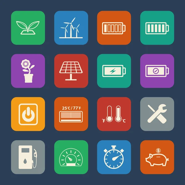 Ecología y ahorro de energía iconos conjunto. Diseño plano para aplicaciones web y móviles. Vector — Archivo Imágenes Vectoriales