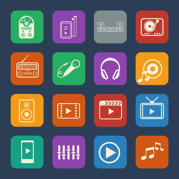 Conjunto de iconos multimedia y de entretenimiento. Diseño plano para aplicaciones web y móviles. Vector — Vector de stock