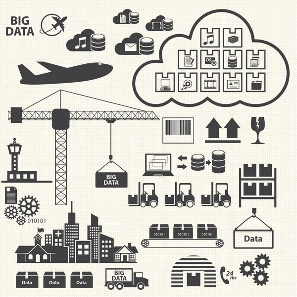 Grote gegevens. Computing gegevens opslag hebben betrekking op logistieke concept. — Stockvector