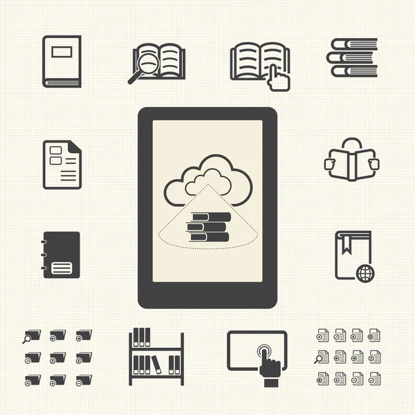 E-Book mit Cloud Computing. Vektorsymbole gesetzt — Stockvektor