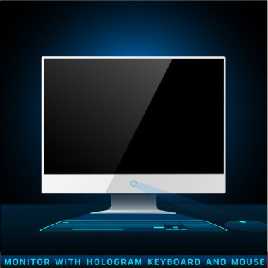 Realistic monitor with hologram keyboard and mouse