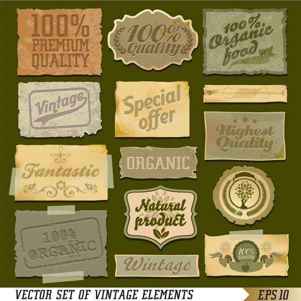 Органічна їжа старовинні етикетки та елементи — стокове фото