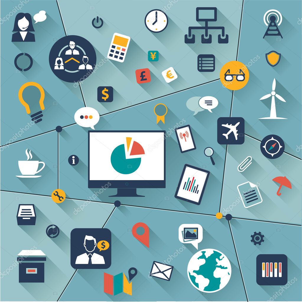 Set of Flat design illustration web icons and logos of website optimization. Isolated on stylish colored background