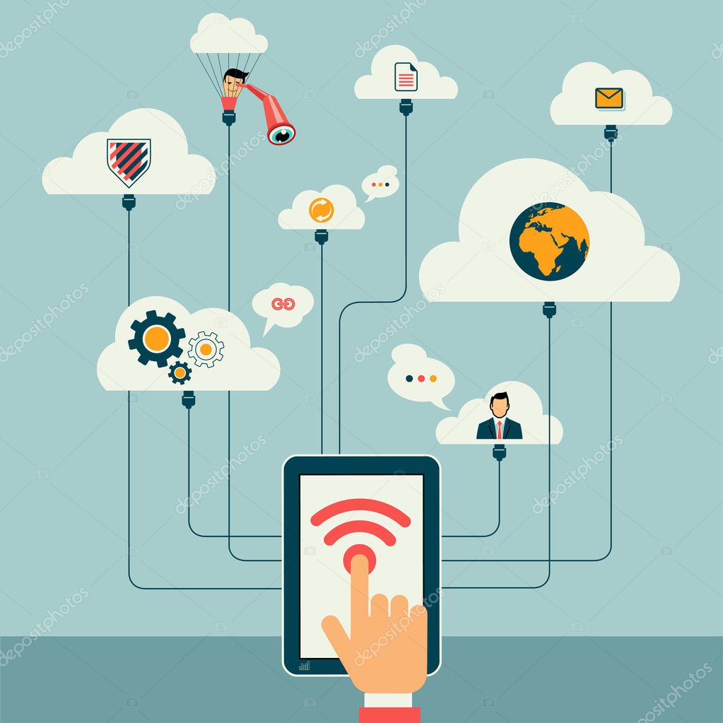 Cloud Computing Concept Design. Devices online connected to the cloud. Hand touching smartphone. Design editable for your design.