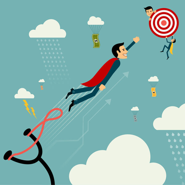 Man on catapult prepare shooting to success goal