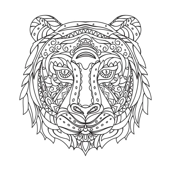 Cabeça Tigre Padrão Ornamentado Linear Decorativo Estilo Doodle Livro Colorir — Vetor de Stock