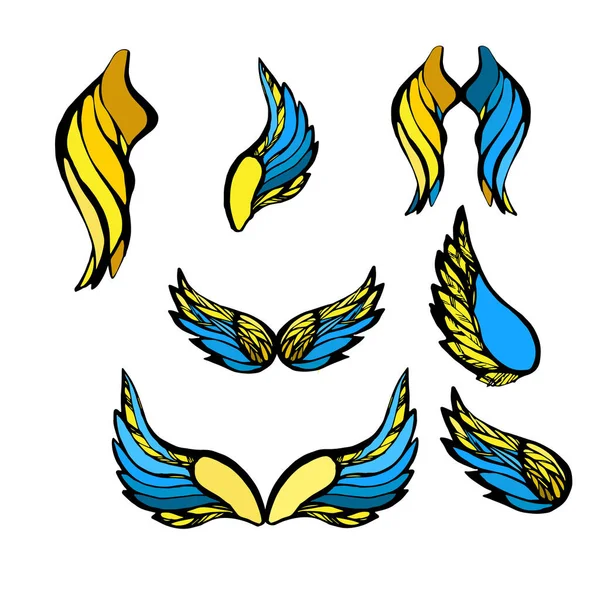 Σετ Μπλε Κίτρινων Φτερών Λευκό Φόντο Διανυσματική Απεικόνιση — Διανυσματικό Αρχείο