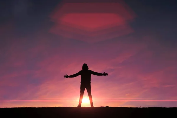 Homem Silhueta Trekking Montanha Com Belo Pôr Sol — Fotografia de Stock