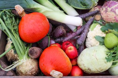 Markette bir yığın karışık ve sağlıklı sebze.