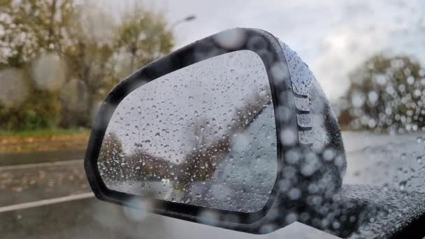 大雨中汽车侧面镜的选择性聚焦视图 — 图库视频影像