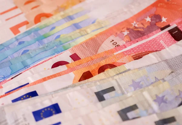 Крупним Планом Численні Банкноти Євро Лежать Один Одного — стокове фото