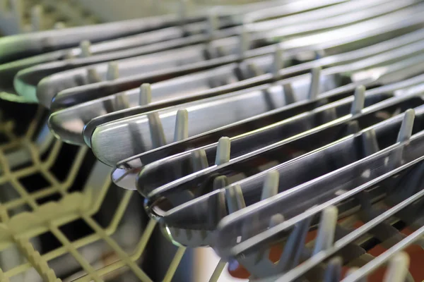 Selective Focus Shiny Cutlery Dishwasher Cleaning Forks Knifes Spoons — Stock Photo, Image