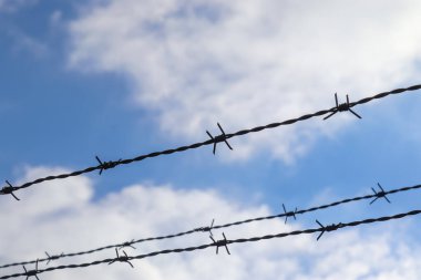 Sınırda büyük bir çitin üzerinde bulutlu bir gökyüzüne karşı dikenli tel.