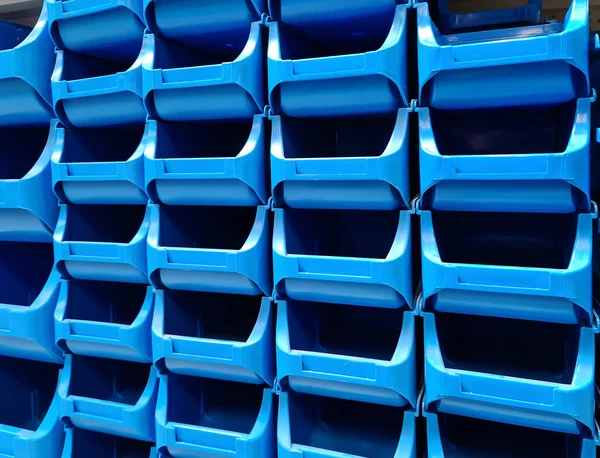 Stacked Blue Plastic Boxes Sale Hardware Store — Stock Photo, Image