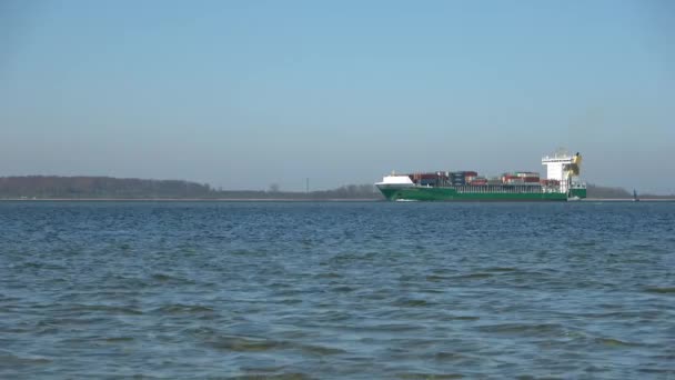Large Container Ship Sails Beach Laboe Direction Kiel Harbor — Video