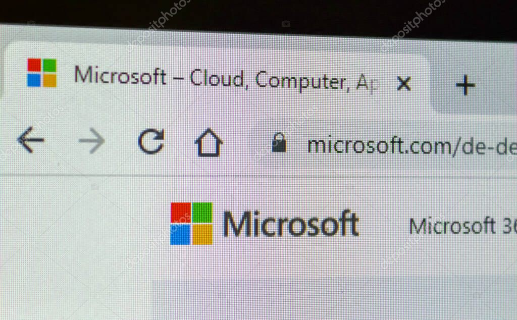 Hamburg, Germany - 27. April 2022: Extreme close-up of Microsoft company homepage on LCD display in internet browser