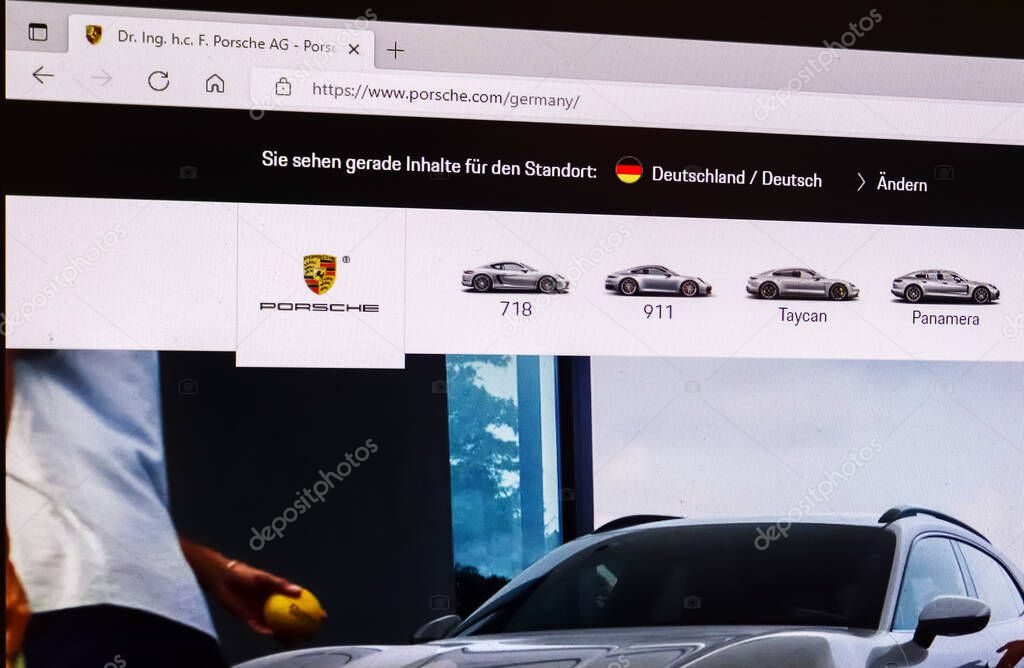 Hamburg, Germany - 06. May 2022: Close up of the homepage website of the car company Porsche on an LCD monitor panel