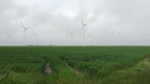 Panoramisch Uitzicht Alternatieve Energie Windmolens Een Windpark Met Een Bewolkte — Stockvideo