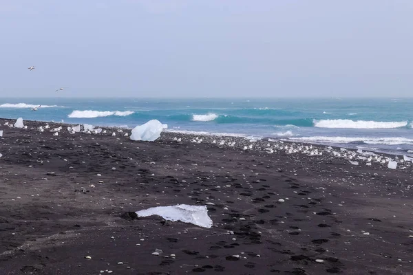 青い氷山が黒い砂の上で溶けているアイスランドのダイヤモンドビーチと太陽の光で輝く氷 — ストック写真