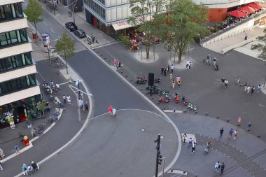 Hamburg, Germany - 27. August 2022: View from the Hamburg Elbphilharmonie building on the roads of Hamburg with some tourists