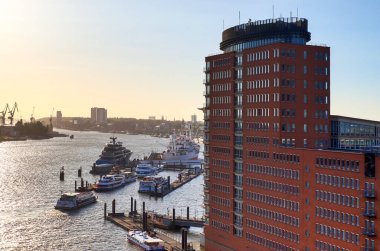 Hamburg, Germany, 27 August 2022, Beautiful view at the port of Hamburg seen from the Elbe Philhamornic