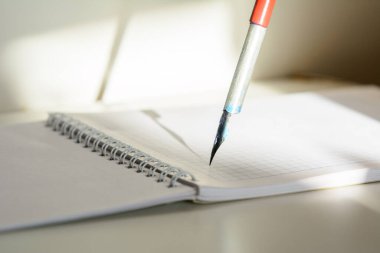 Eski bir kalemin ucu bir not defterinin üzerinde duruyor. Güneş ışığıyla aydınlatılmış not defteri ve kalem