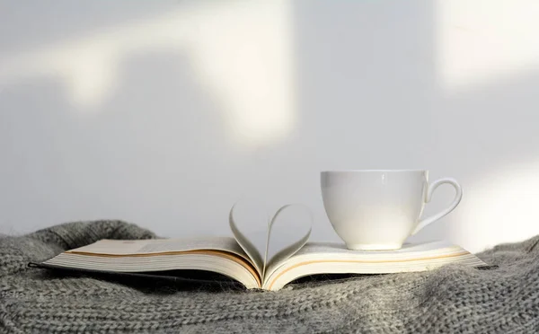 Pages Book Lying Sweater Folded Shape Heart Next Cup Coffee — Stock Photo, Image