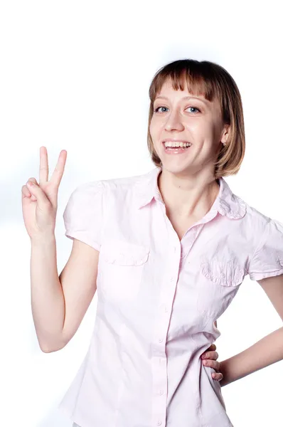 genç kız jest iki parmak kaldırdı gösterir.