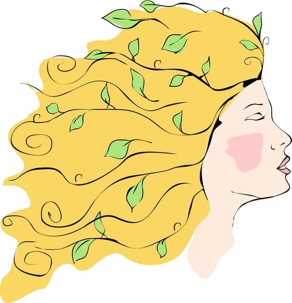 Profile of girl with flowing hair with foliage — Stock Vector