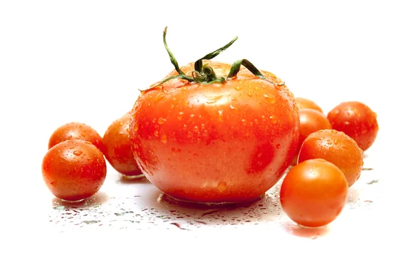 Tomat merah besar di antara tomat kecil di latar belakang putih — Stok Foto