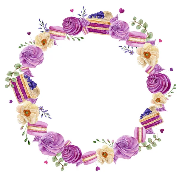 Watercolor bakery round wreath logo with cupcakes, macarons and flowers. Watercolor baking illustrations in pink colors. Isolated elements on white background.