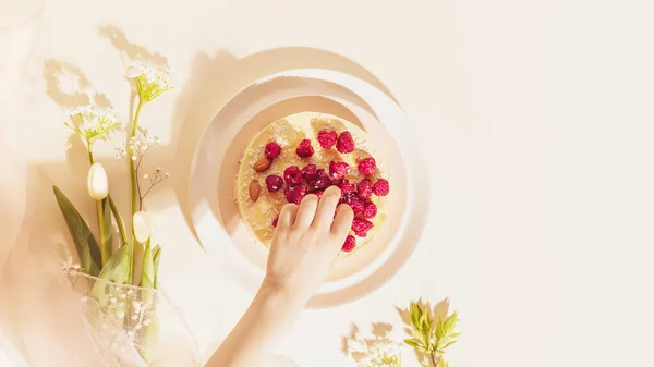 Low carb pastry. Food banner with homemade almond cake with raspberries and white flowers on a pink background with copy space. A child's hand takes a berry from tasty berry cake