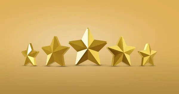 Five Gold rating star symbol of customer satisfaction review service best quality ranking icon or shiny feedback success sign award and product evaluation rate on golden 3d background with excellent.