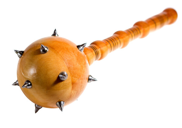 Wooden mace with metallic thorns, on a white background.
