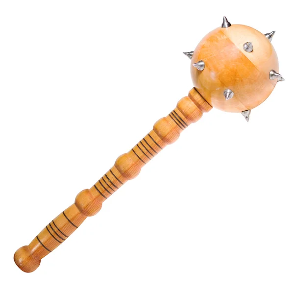 Wooden mace with metallic thorns, on a white background. — Stock Photo, Image