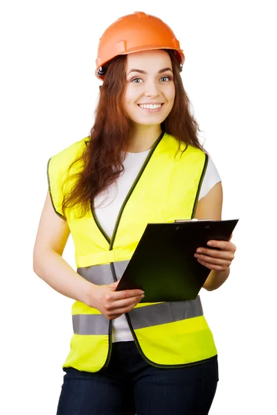 Trabalhador atraente com colete refletor isolado sobre um fundo branco — Fotografia de Stock