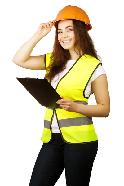 Atractivo trabajador con chaleco reflector aislado sobre un fondo blanco — Foto de Stock