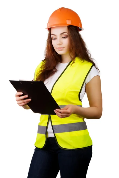 Attraktiver Arbeiter mit Reflektorweste auf weißem Hintergrund — Stockfoto