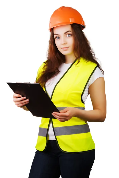 Aantrekkelijke werknemer met reflector vest geïsoleerd op een meer dan een witte achtergrond — Stockfoto