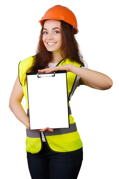 Aantrekkelijke werknemer met reflector vest geïsoleerd op een meer dan een witte achtergrond — Stockfoto