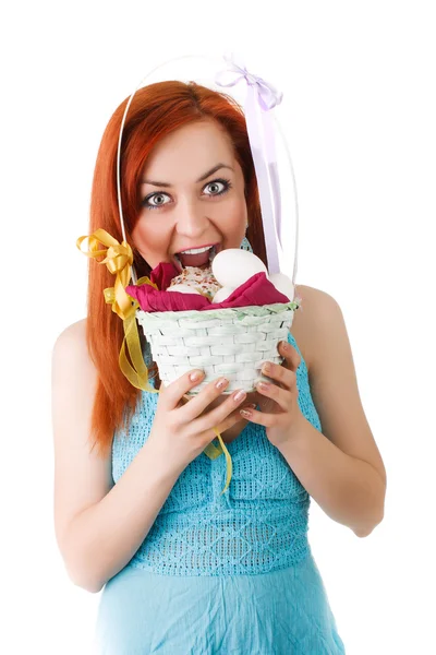 The easter woman a rabbit with a basket of eggs and pasky in hands.  isolated — Stock Photo, Image