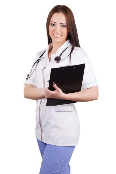 Medische vrouw werknemer met een tablet voor papers in zijn handen. — Stockfoto