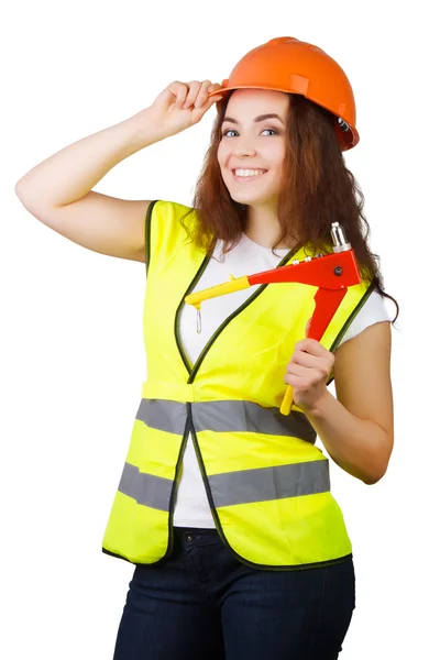 The girl the builder with the mechanical gun for rivets — Stock Photo, Image