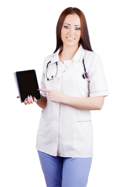 Mujer médico sosteniendo tableta electrónica . — Foto de Stock