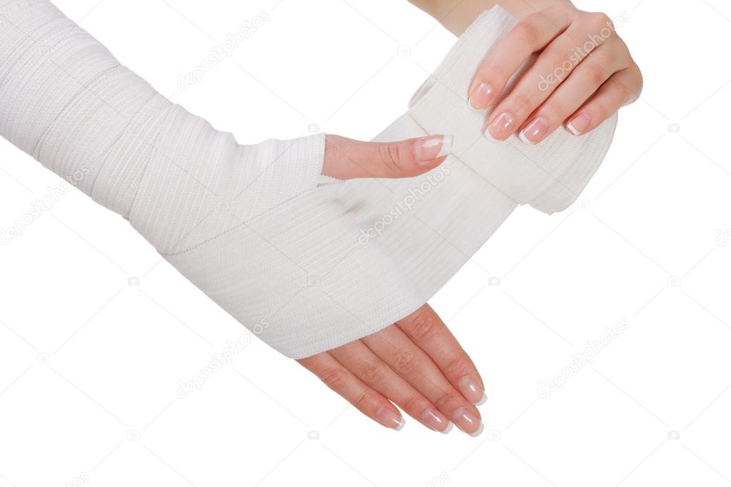 Hand bandaging by elastic bandage. Closeup. isolated — Stock Photo