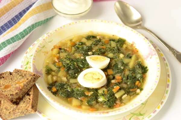 Genç nettles ve yumurta ile sebze çorbası