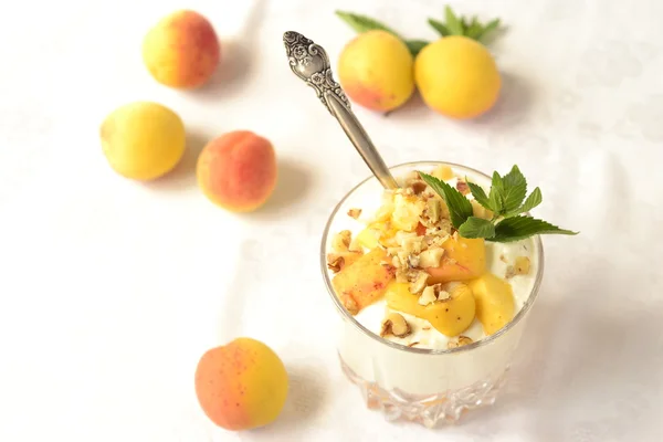 Quark-Dessert mit Aprikosen, Walnüssen und Minze — Stockfoto