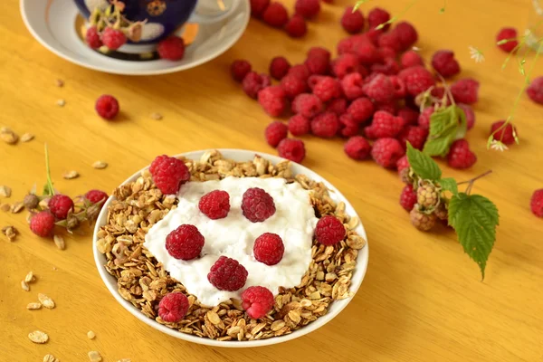 Homemade granola with yogurt, raspberries and tea — Stock Photo, Image