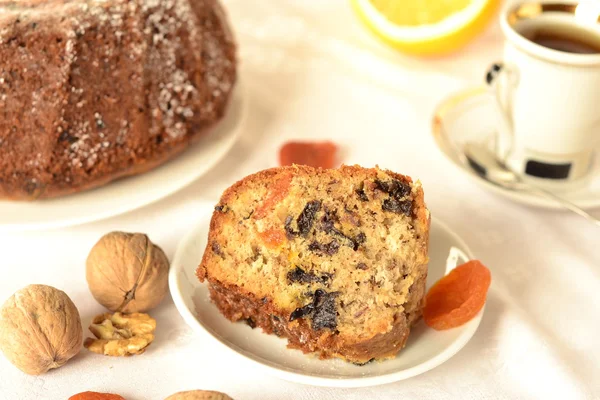 Pudding with dried fruit, nuts, selective focus — Stock Photo, Image